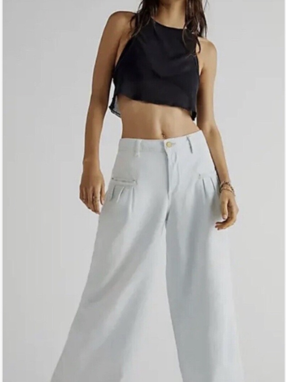 Free People We The Free Charlee Wide Leg Jeans 28 Herringbone- Ecru